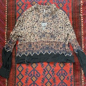 Free People Navy and Cream Long-sleeve Floral Blouse